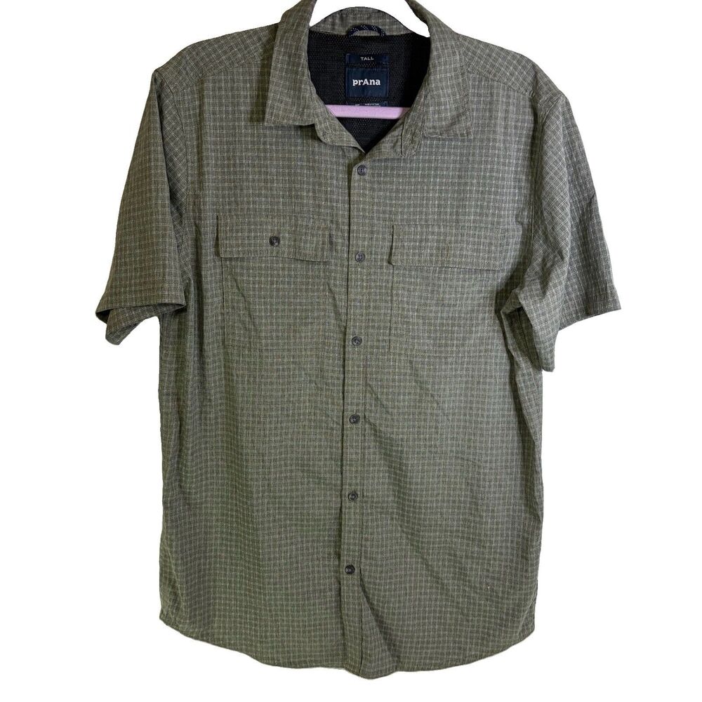 Prana Mens Medium Tall Cayman Green Vent Short Sleeve Button Down Hiking Shirt
